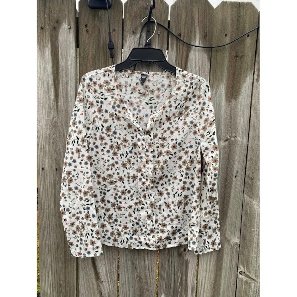 Emery Rose Floral V-Neck Button‎ Front Long Sleeve Blouse White Tan Blue Size M